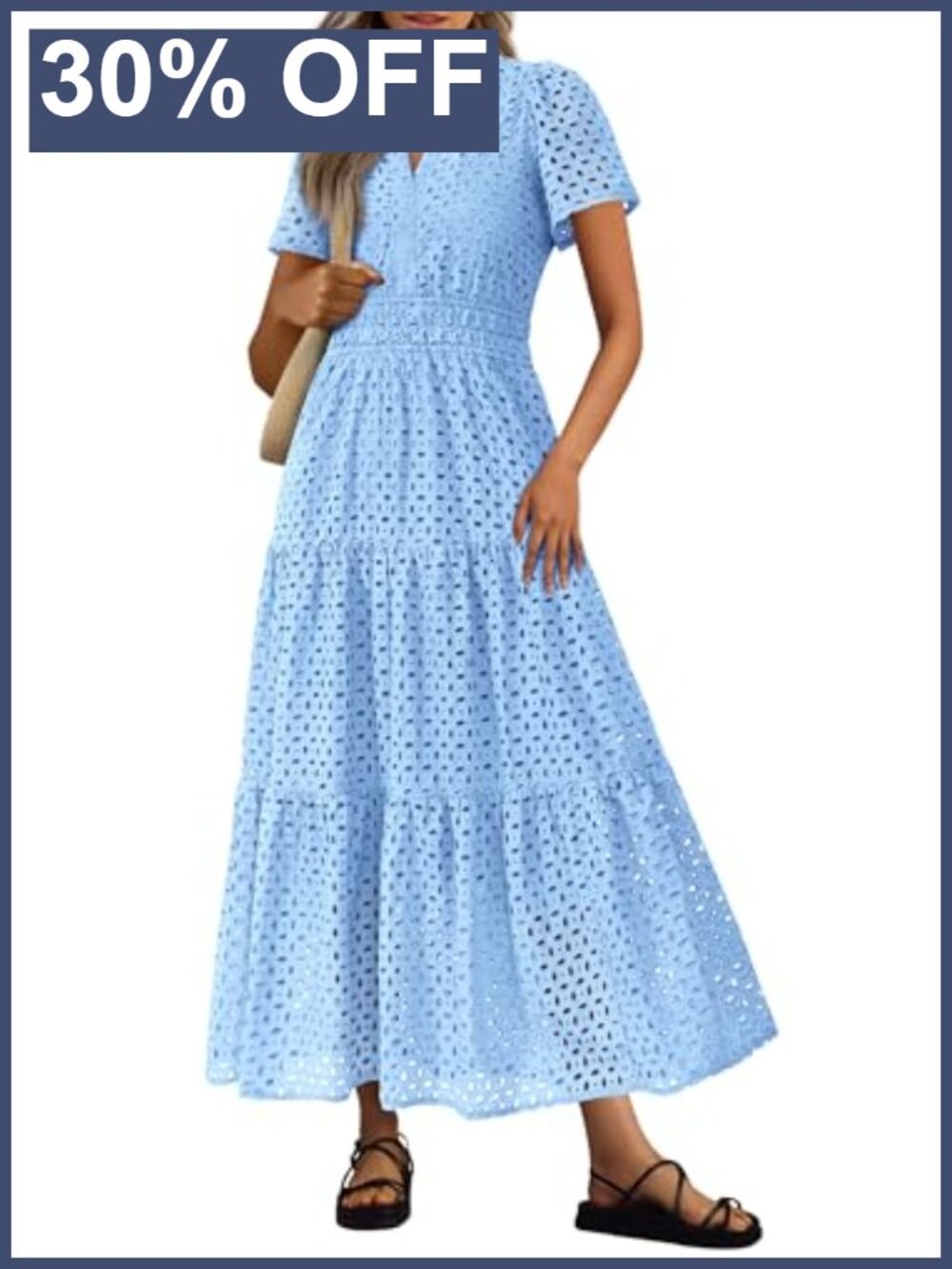 Women's Cotton Eyelet Maxi Dress Summer A-Line V-Neck Short Sleeve Ruffle Boho